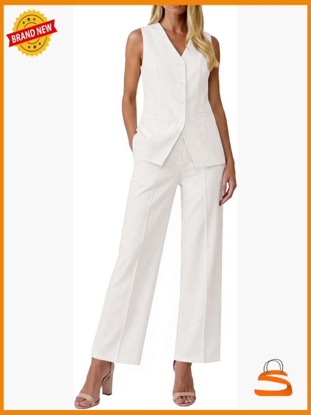 2 Piece Sleeveless Blazer Straight Leg Pantsuit Set Business Casual Office Wear